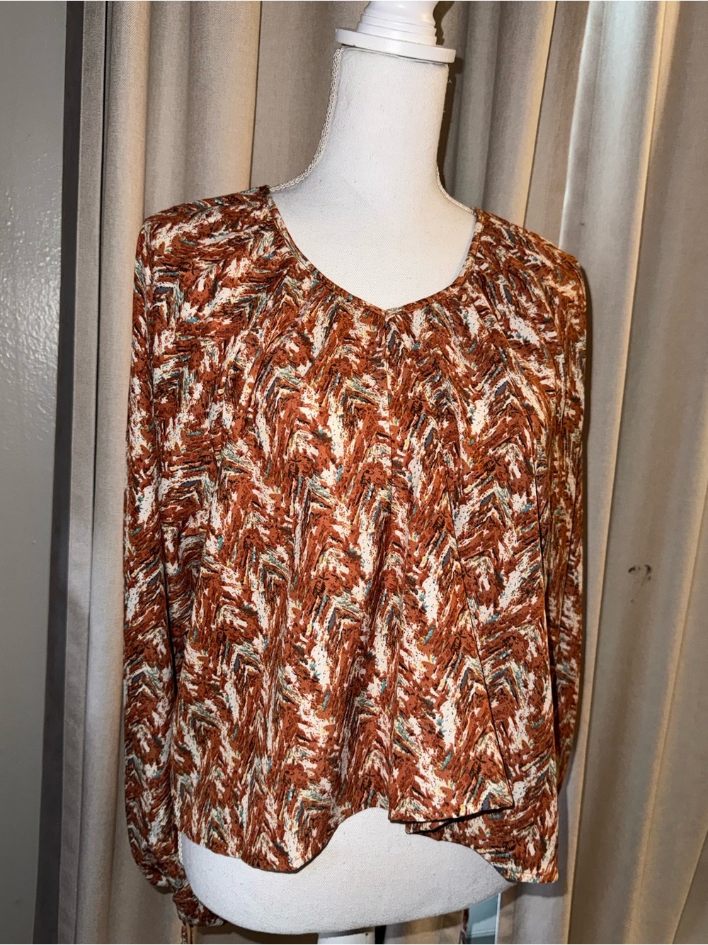 Womens Rust Print Long-Sleeve Blouse